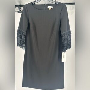 Calvin Klein Black Short Sleeve Sheath Dress with Fringe Detail